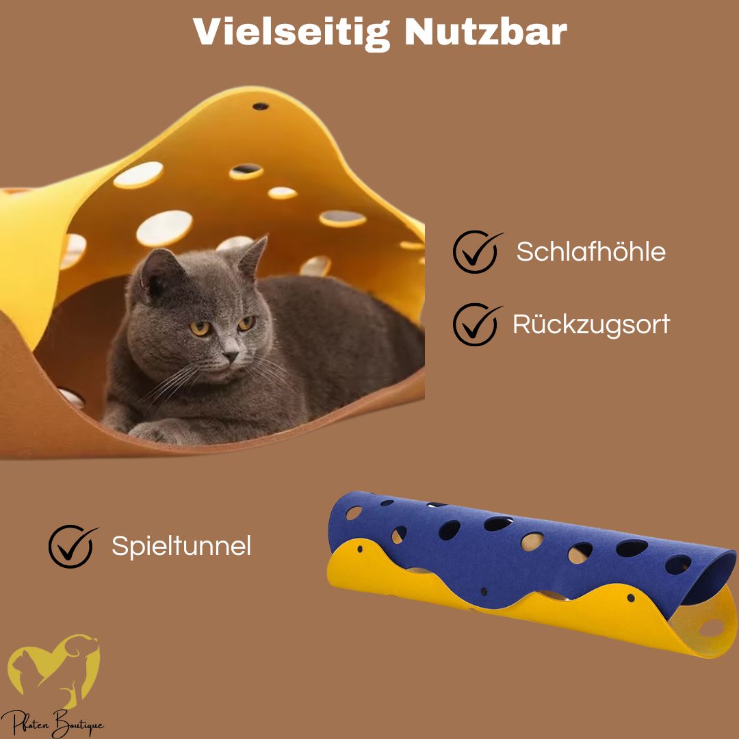 Katzentunnel aus Filz, ideal zum Spielen und Erkunden für Katzen, bietet viel Abwechslung und Schlafplätze.