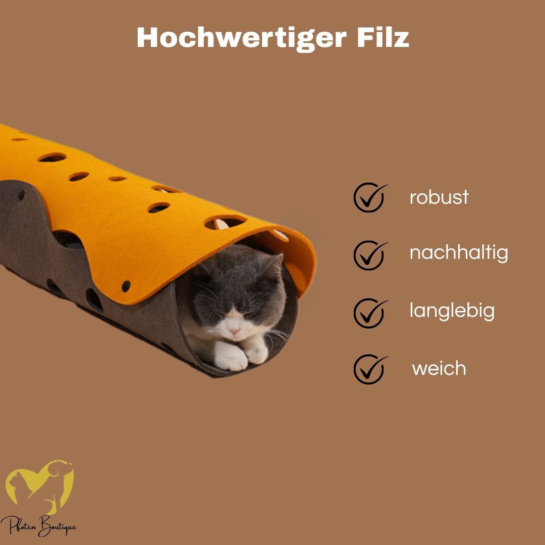 Stylischer und nachhaltiger Katzentunnel aus Filz für Katzen - perfekt für angenehme Kuschelstunden.