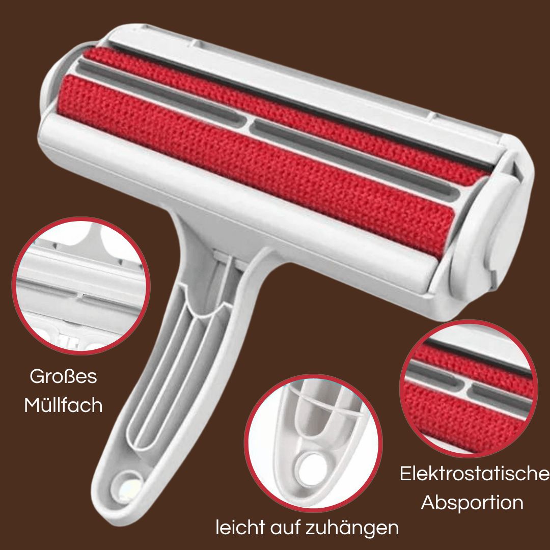 FUSSEL FREI Tierhaar Roller Demonstration - zeigt, wie der Roller mühelos Tierhaare auf Sofas entfernt.