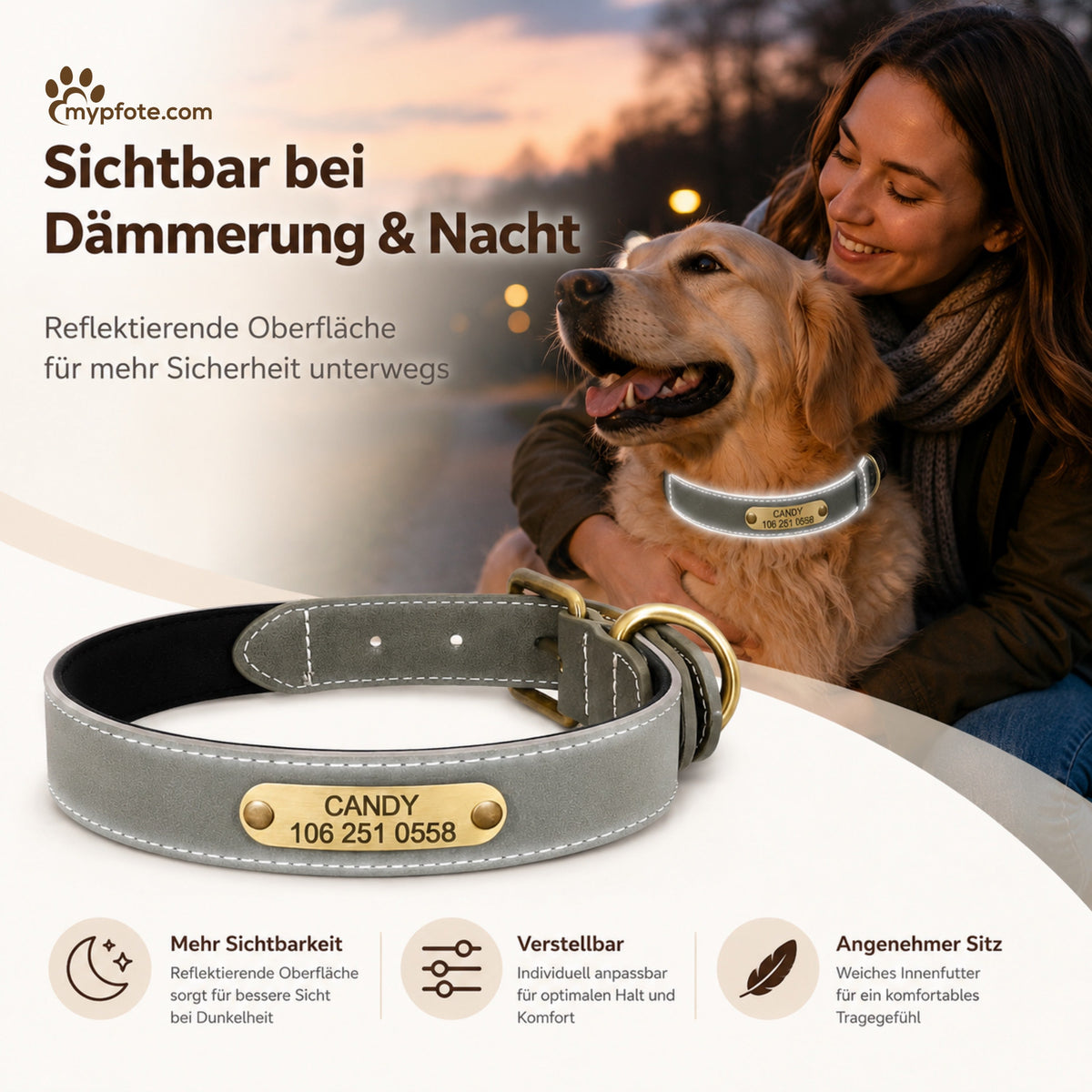 Wunderschönes Reflektions Hundehalsband mit Gravur - personalisiert