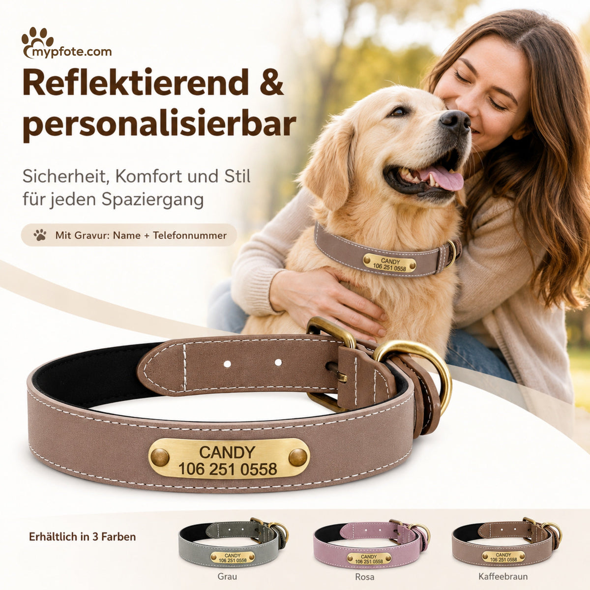 Wunderschönes Reflektions Hundehalsband mit Gravur - personalisiert