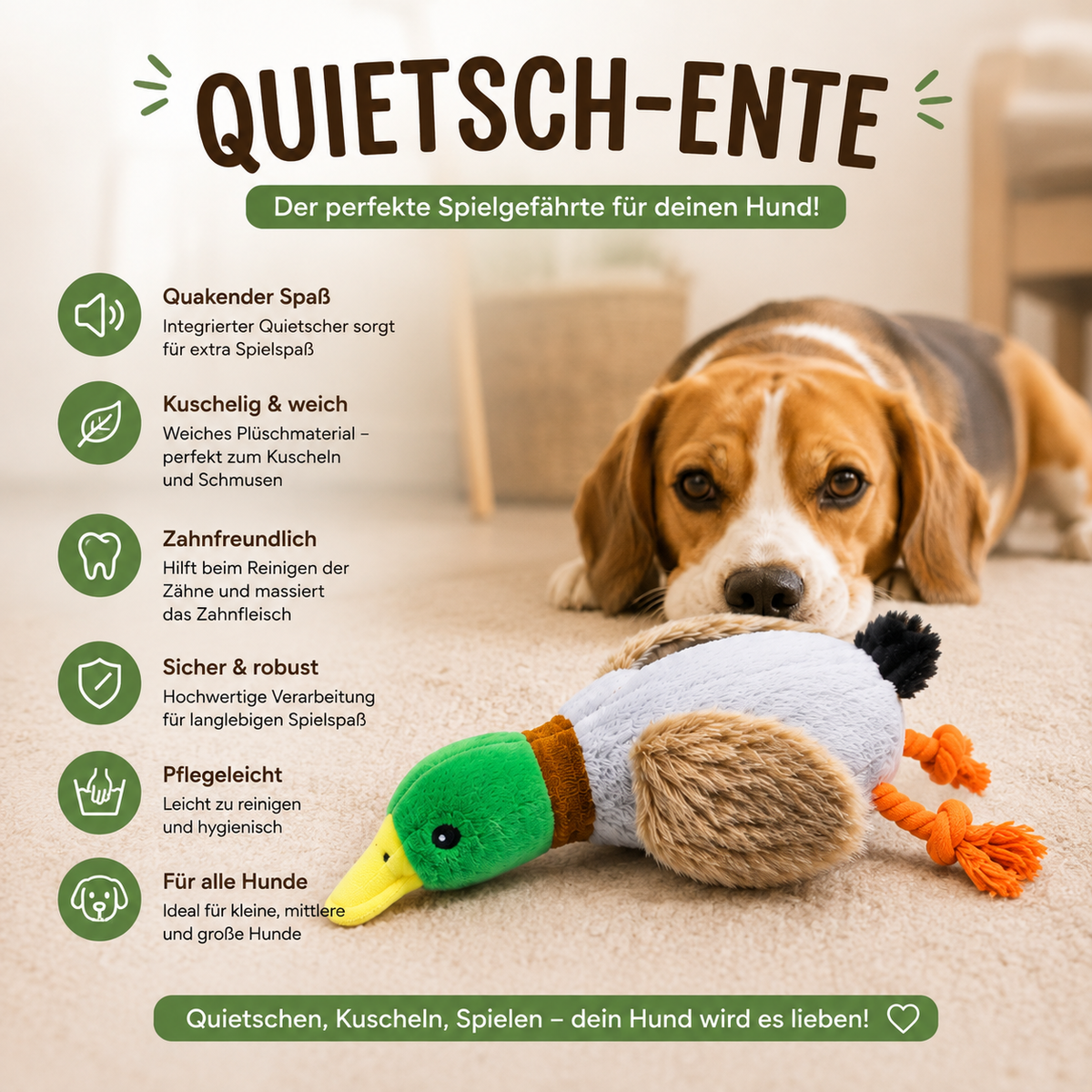 Flauschquaker Hundespielzeug – Plüschtier mit Quietscher