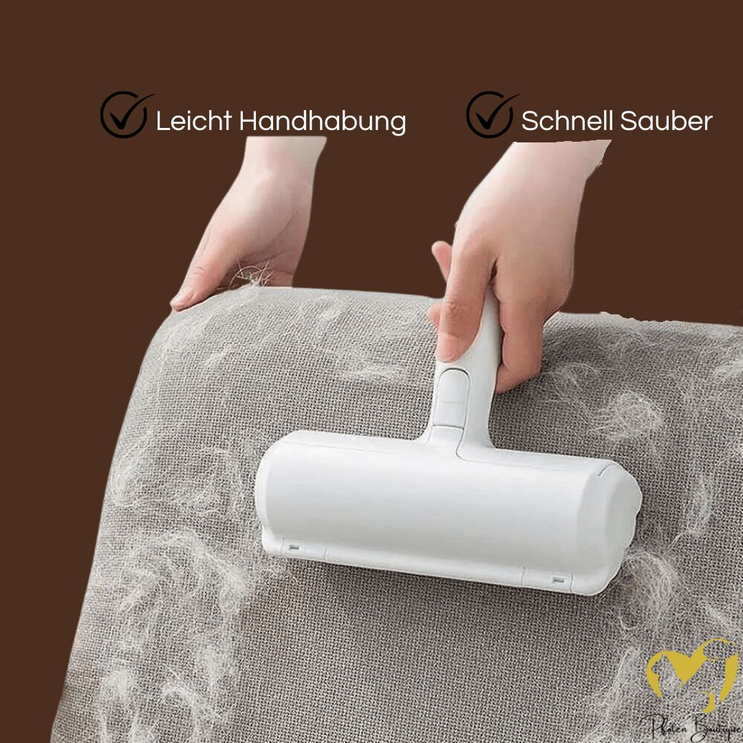 FUSSEL FREI Tierhaar Roller Anwendung - demonstriert die einfache Handhabung zur Entfernung von Tierhaaren.