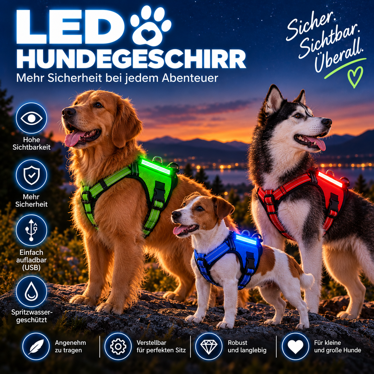 leuchtendes Hundegeschirr - aufladbar - Dein Hund immer Blick