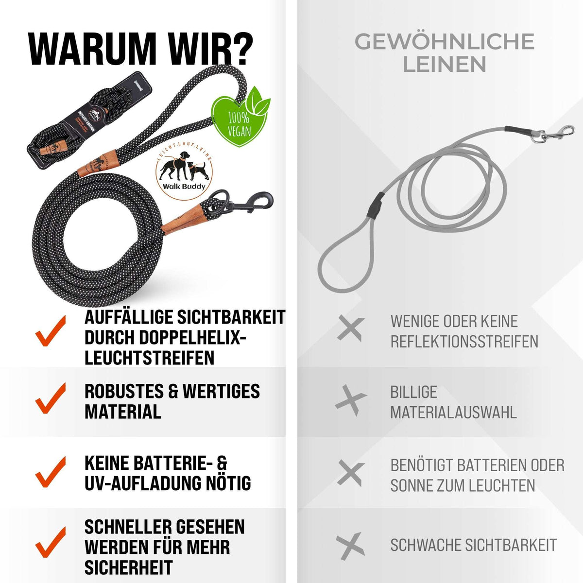 Reflektionsleine© mit Handschlaufe und veganem Leder in 4 Farben und Varianten