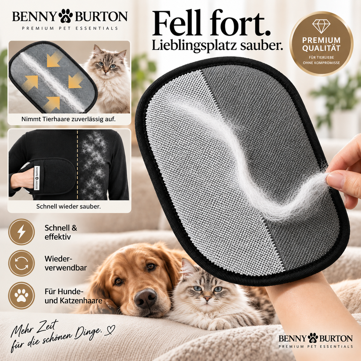 FELLFORT Tierhaarentferner Premium Version Hunde Katzen Sofa Kleidung Auto wiederverwendbar