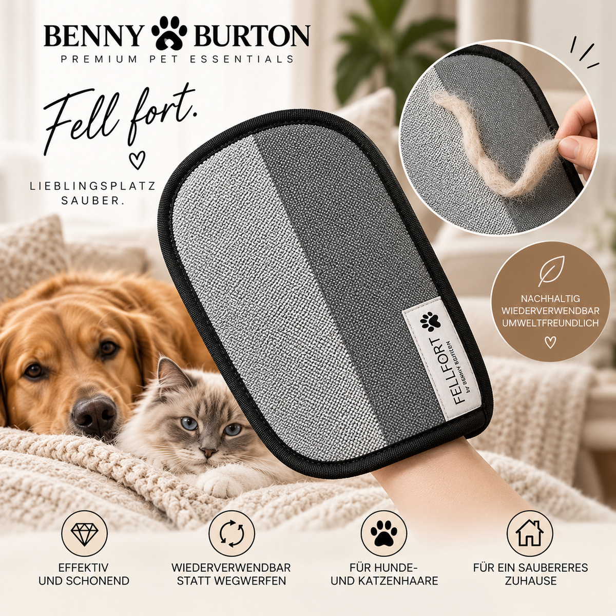 FELLFORT Tierhaarentferner Premium Version Hunde Katzen Sofa Kleidung Auto wiederverwendbar