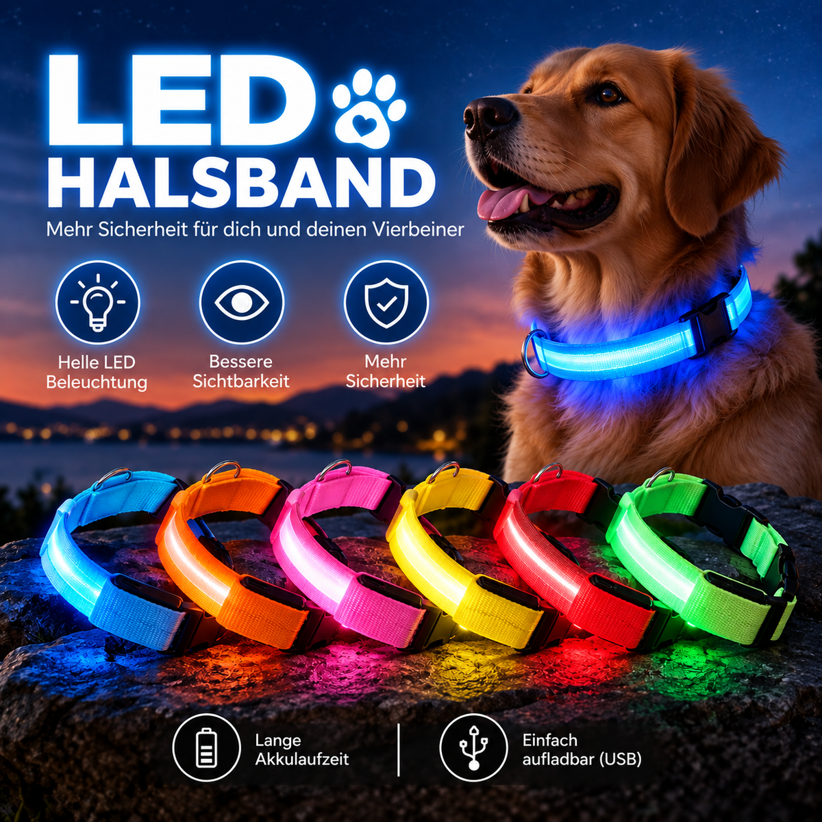 leuchtendes Hundehalsband LED - aufladbar - mehr Sicherheit für Deinen Hund