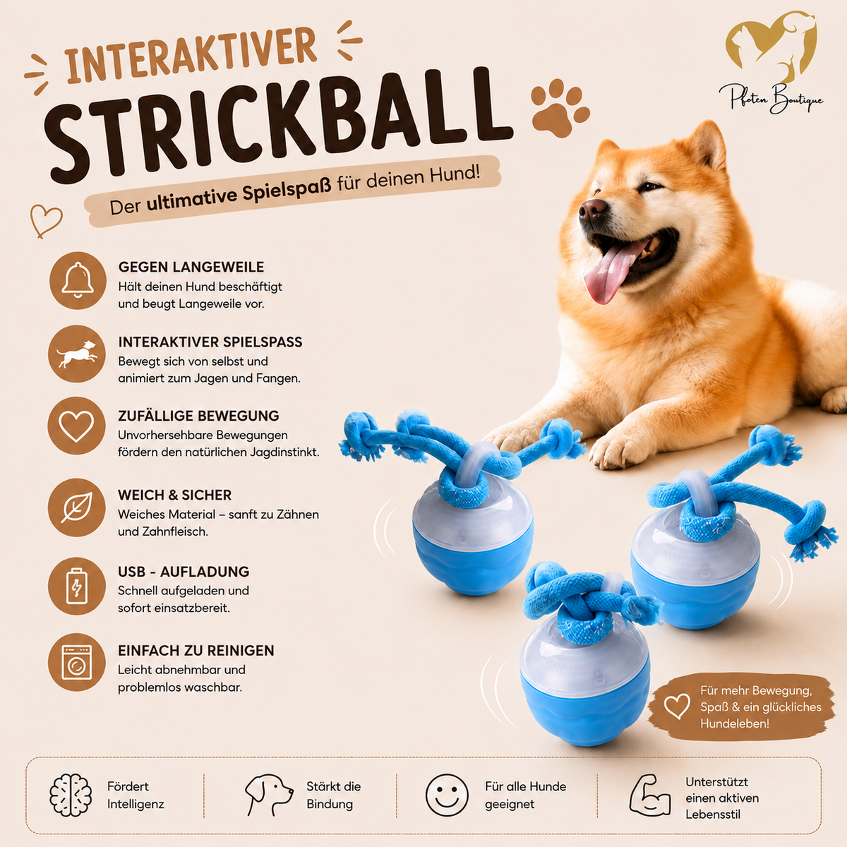 Strickball Hundespielzeug – Ball mit Seil zum Spielen