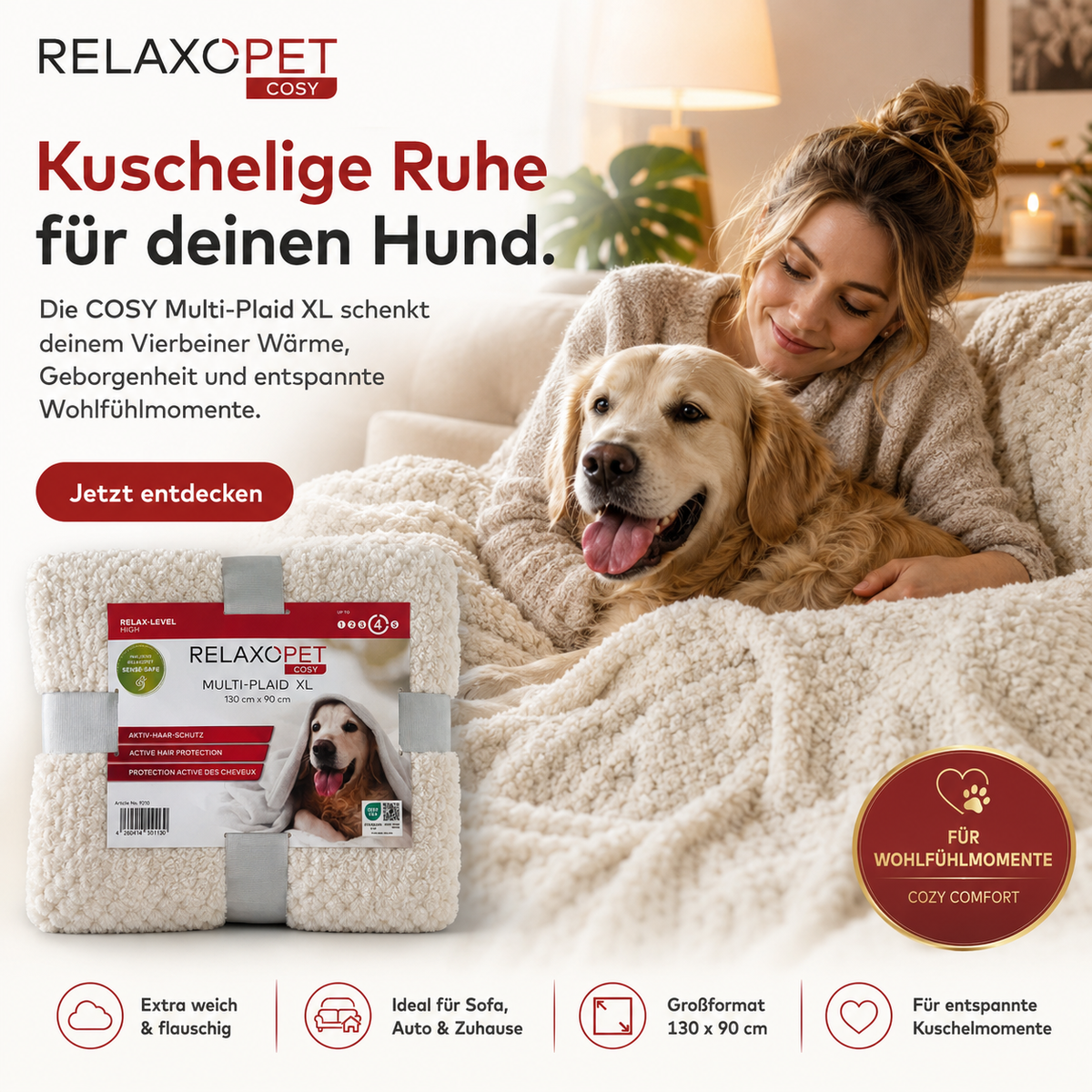 COSY Multi-Plaid XL Hundedecke - Kuscheldecke 130 x 90 cm