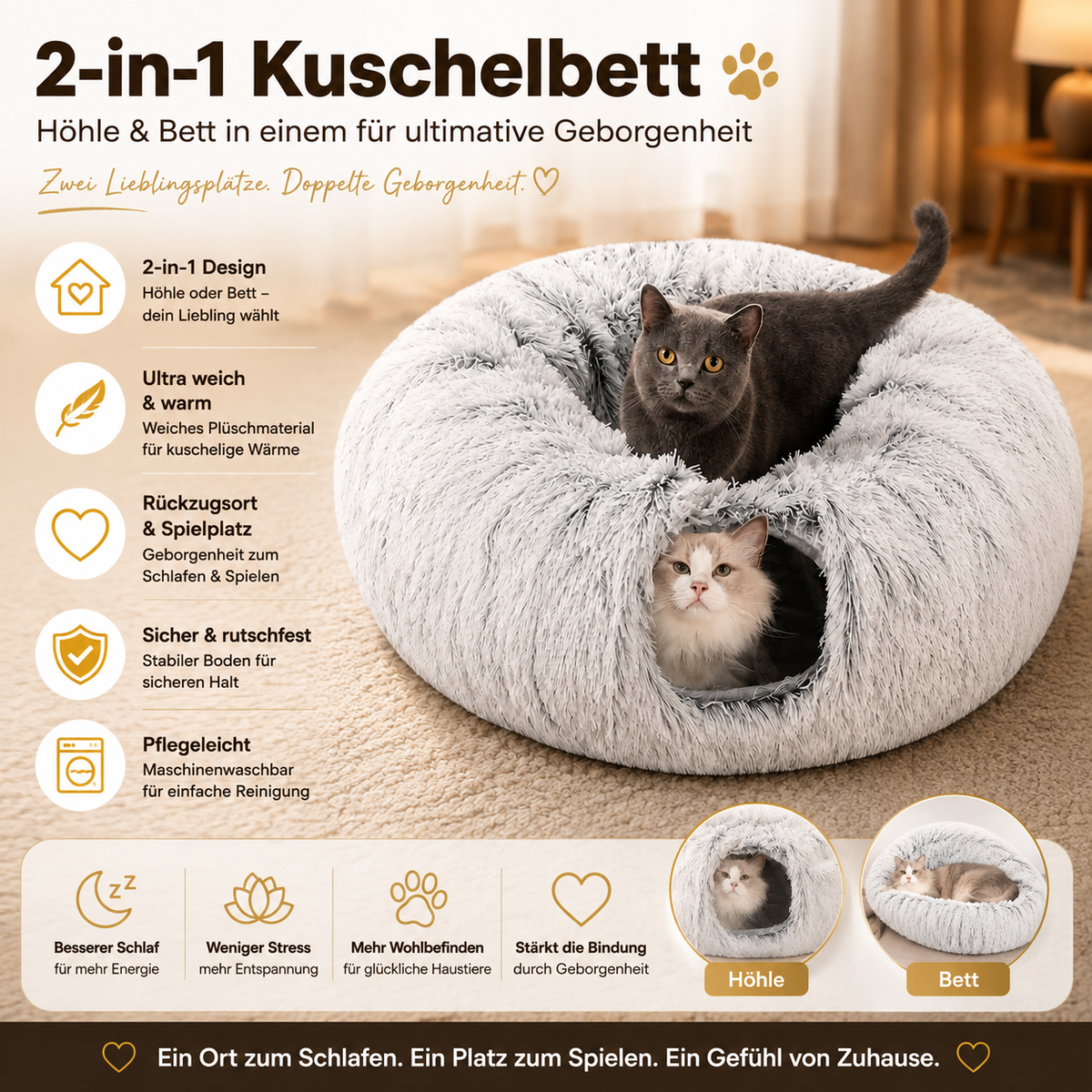 Kuscheliges Katzenbett – Höhle und Kissen für Katzen