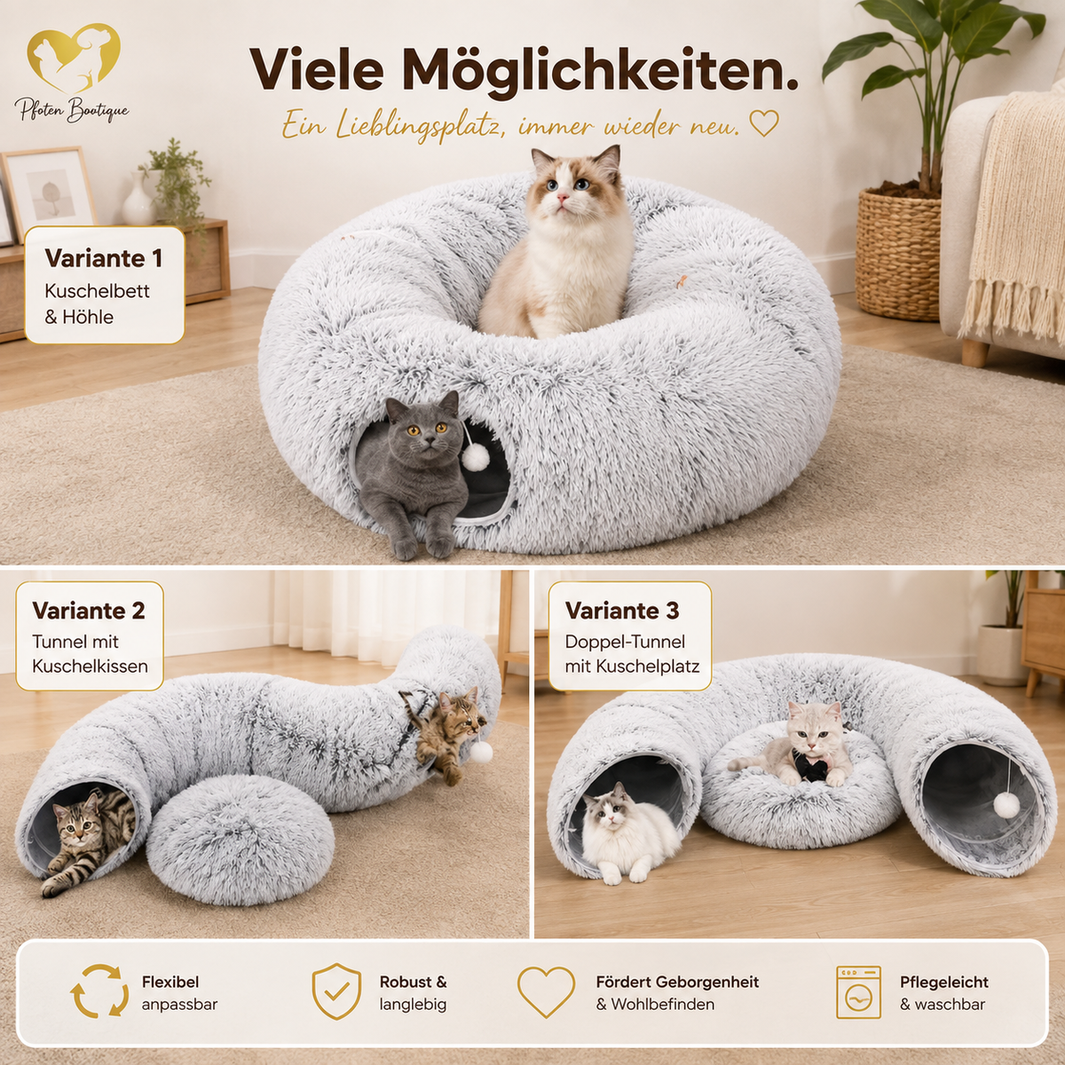 Kuscheliges Katzenbett – Höhle und Kissen für Katzen