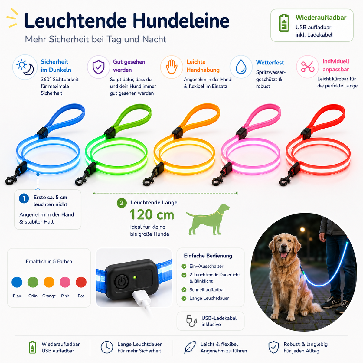 LED Hundeleine 120 cm – wiederaufladbare Leuchtleine