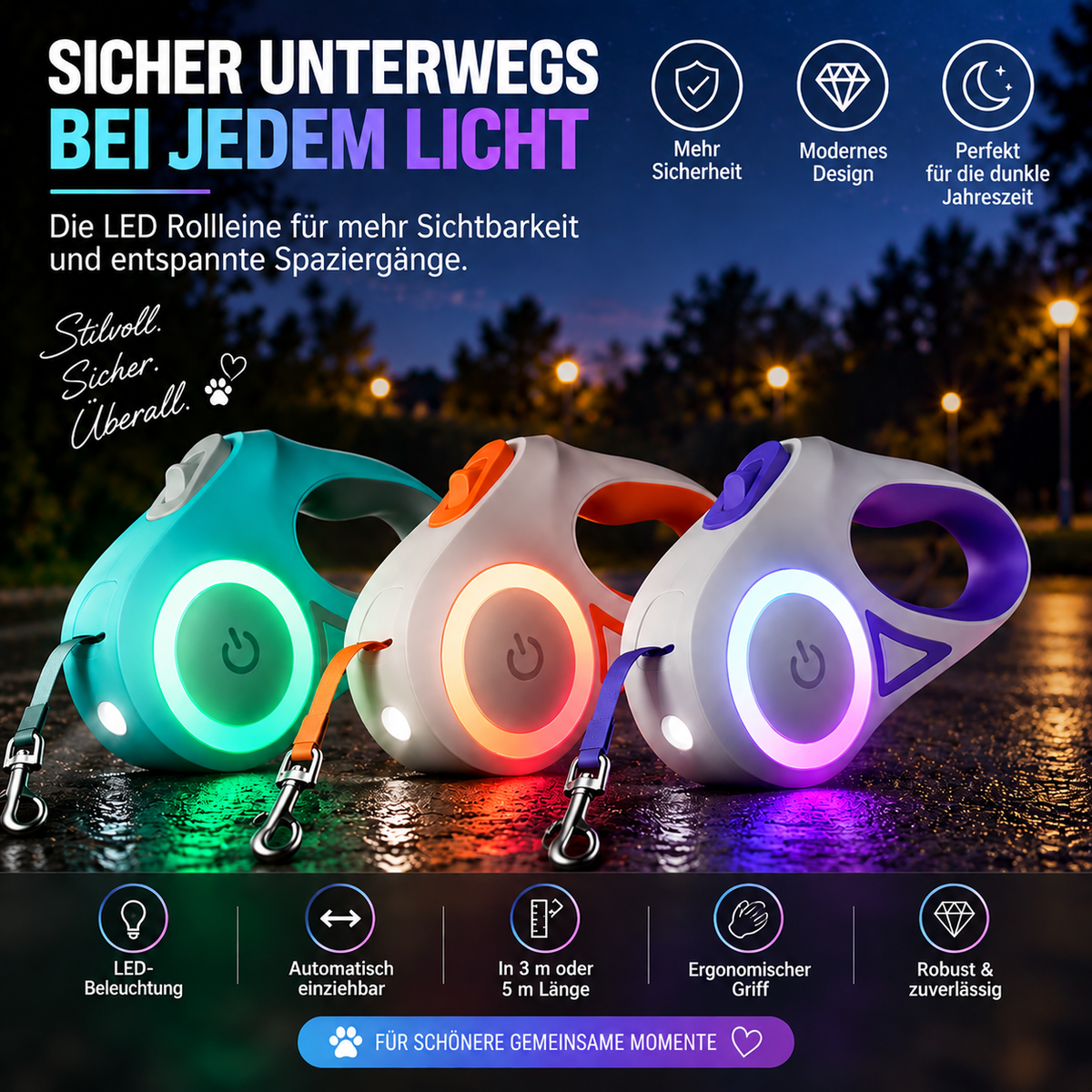 leuchtende Rollleine für Hunde - automatisch, einziehbare LED-Hundeleine
