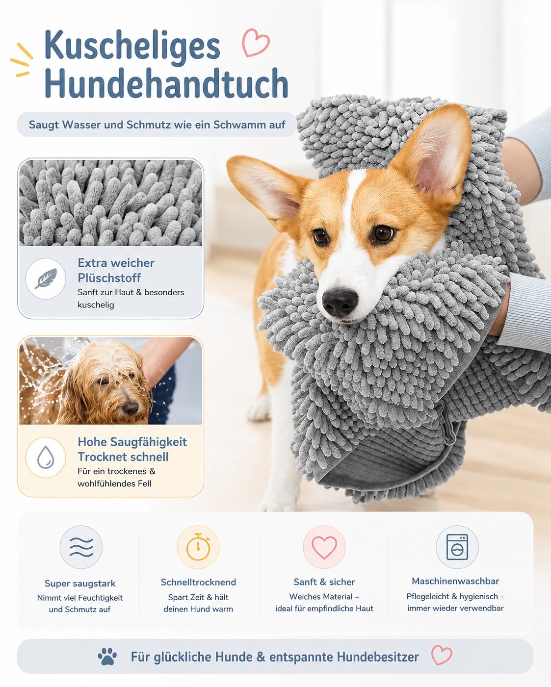 Saugstarkes Hundehandtuch aus Chenille – schnell trocknend